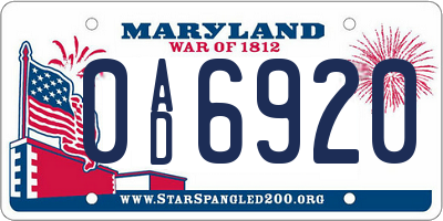 MD license plate 0AD6920