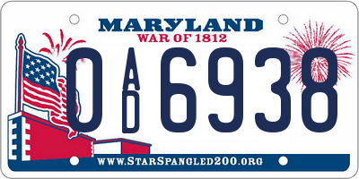 MD license plate 0AD6938