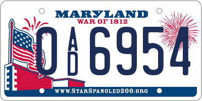 MD license plate 0AD6954