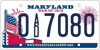 MD license plate 0AD7080