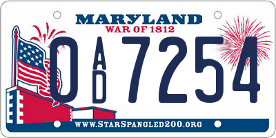 MD license plate 0AD7254