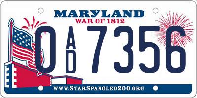 MD license plate 0AD7356