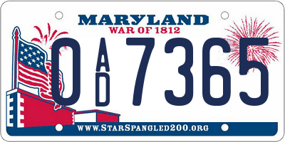 MD license plate 0AD7365