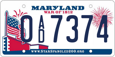 MD license plate 0AD7374