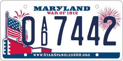 MD license plate 0AD7442