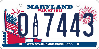 MD license plate 0AD7443