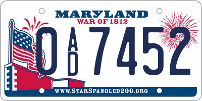 MD license plate 0AD7452