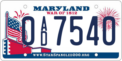 MD license plate 0AD7540