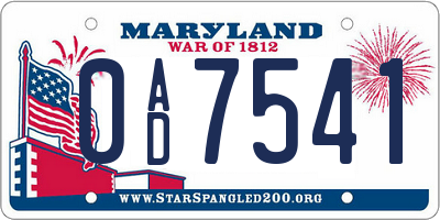 MD license plate 0AD7541