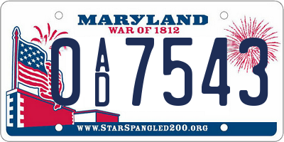 MD license plate 0AD7543