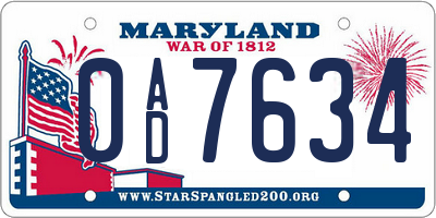 MD license plate 0AD7634