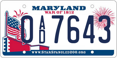 MD license plate 0AD7643