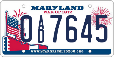 MD license plate 0AD7645
