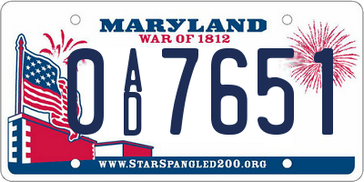 MD license plate 0AD7651