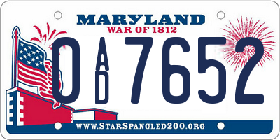 MD license plate 0AD7652