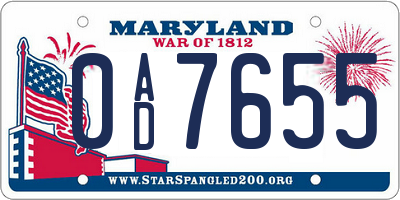 MD license plate 0AD7655