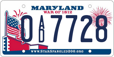 MD license plate 0AD7728