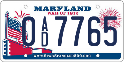 MD license plate 0AD7765