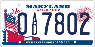 MD license plate 0AD7802