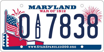MD license plate 0AD7838