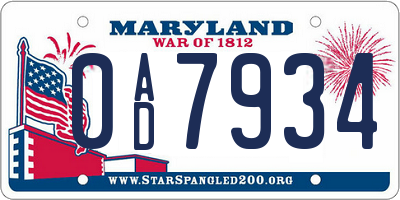 MD license plate 0AD7934