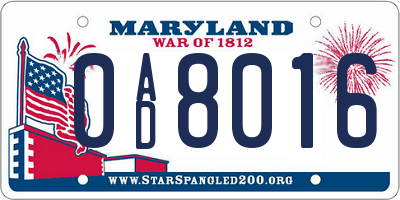 MD license plate 0AD8016
