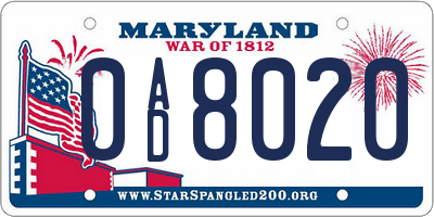 MD license plate 0AD8020