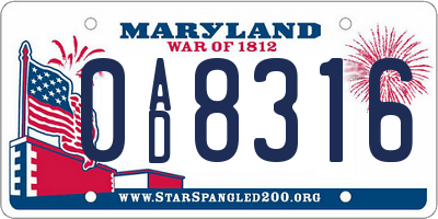 MD license plate 0AD8316