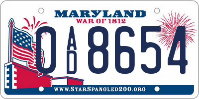 MD license plate 0AD8654