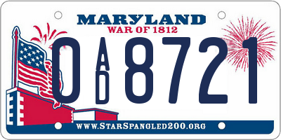 MD license plate 0AD8721