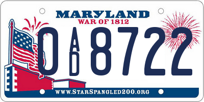 MD license plate 0AD8722