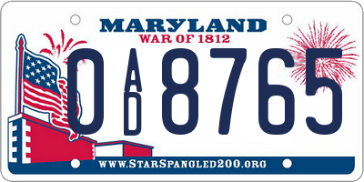 MD license plate 0AD8765