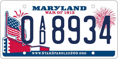 MD license plate 0AD8934