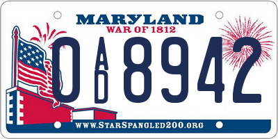 MD license plate 0AD8942