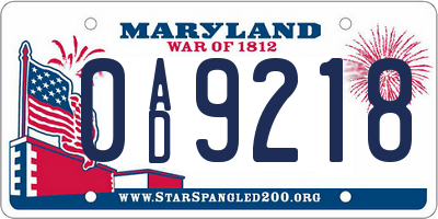 MD license plate 0AD9218