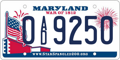 MD license plate 0AD9250