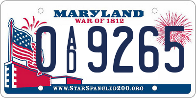 MD license plate 0AD9265