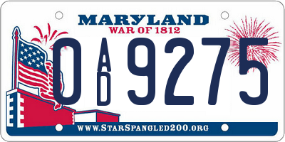 MD license plate 0AD9275