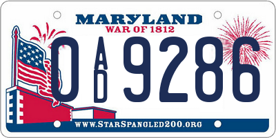 MD license plate 0AD9286