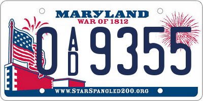 MD license plate 0AD9355