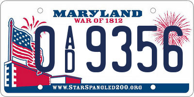MD license plate 0AD9356