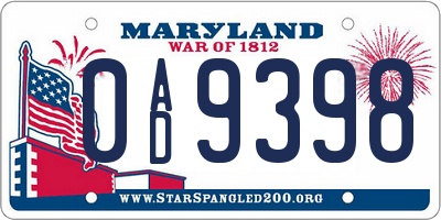 MD license plate 0AD9398