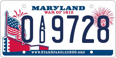 MD license plate 0AD9728