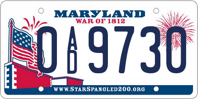 MD license plate 0AD9730
