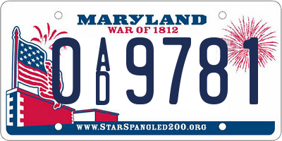MD license plate 0AD9781