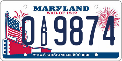 MD license plate 0AD9874