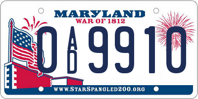 MD license plate 0AD9910