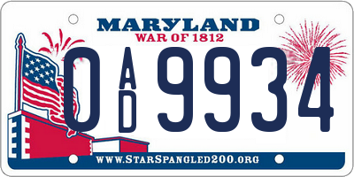 MD license plate 0AD9934