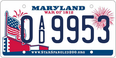 MD license plate 0AD9953