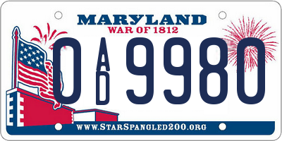 MD license plate 0AD9980